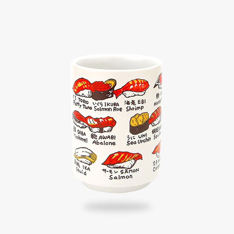 This sushi coffee mug showcases charming sushi drawings on a white background, perfect for sushi lovers who enjoy a whimsical touch to their morning routine