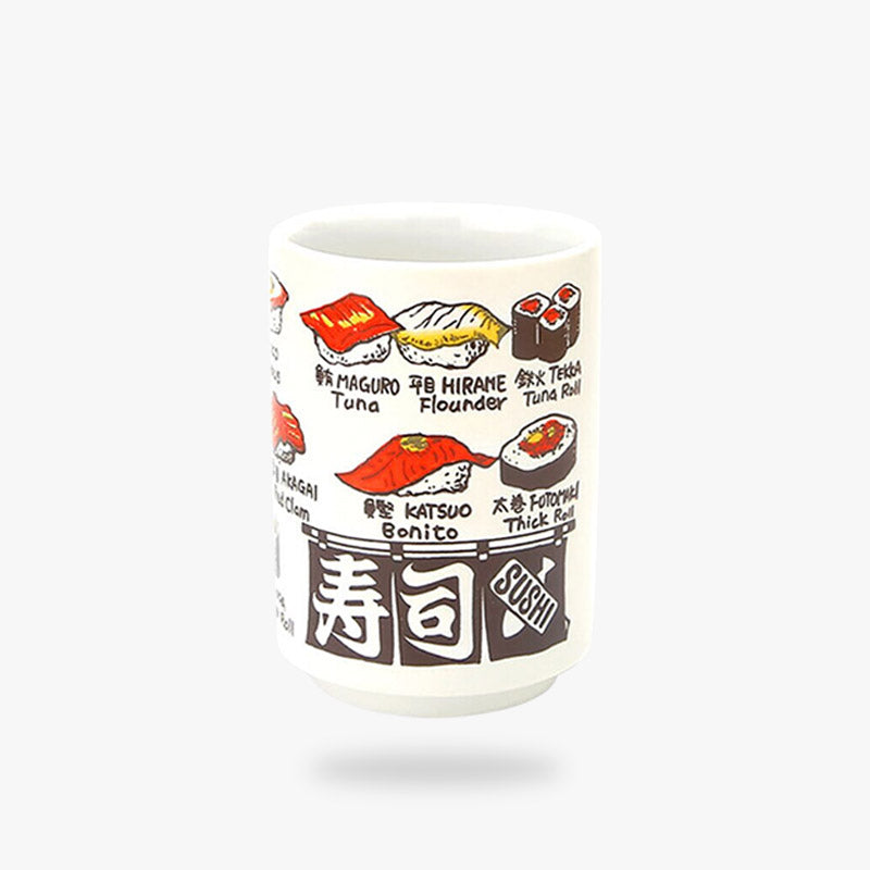 The sushi mug is a white cup featuring playful illustrations of sushi, combining modern design with a touch of Japanese culinary culture