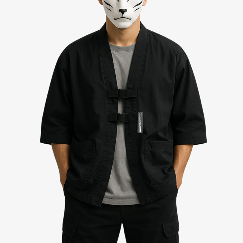 a black Techwear jacket with a futuristic japanese kimono jacket, influenced by harajuku street fashion and designed for function and style.