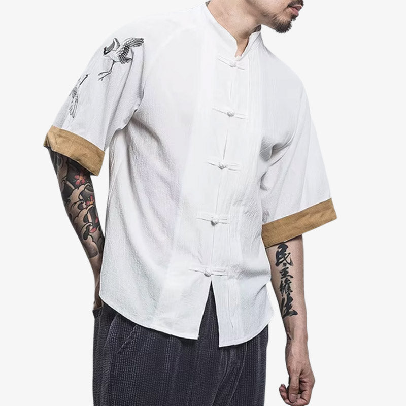 a man dressed with a Tee shirt Japan style featuring simple, elegant prints and soft fabric, suitable for fans of Japanese minimalist fashion.