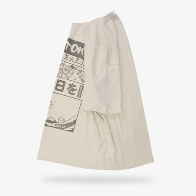 Neo tokyo t shirt is printed with Japanese kanji symbols, the great wave of kanawa, japanese masks and the lucky cat maneki neko