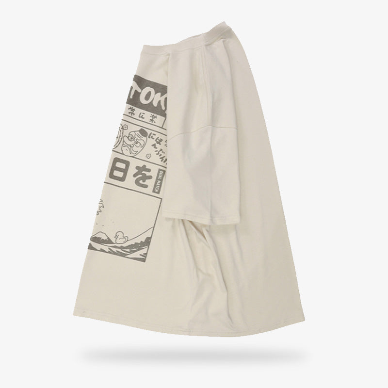 Neo tokyo t shirt is printed with Japanese kanji symbols, the great wave of kanawa, japanese masks and the lucky cat maneki neko