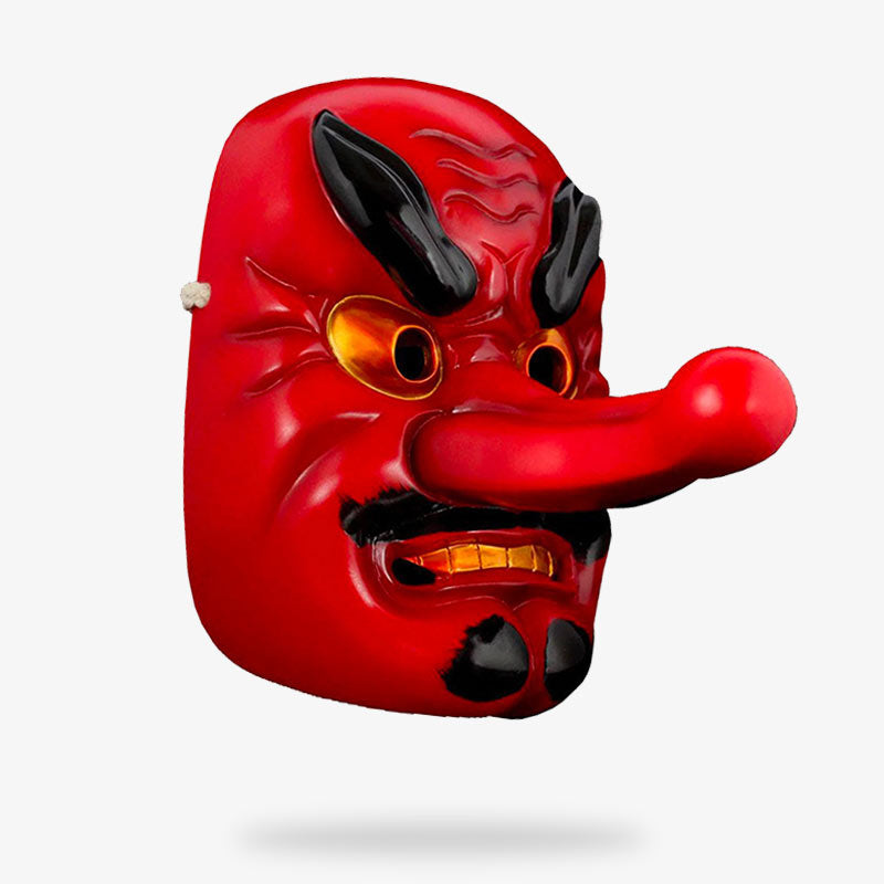 The tengu mask is a red Japanese mask with a long nose. It is a demon from Shinto folklore.