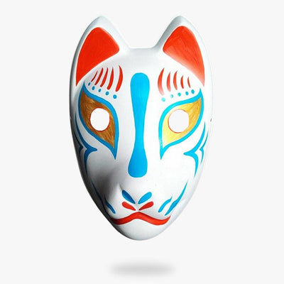 This Texhnolyze Mask is an anime mask use for cosplay. The japanese fox mask is hand painted with blue and orange colors. This mask is worn by ran in the manga from Hiroshi Hamasaki