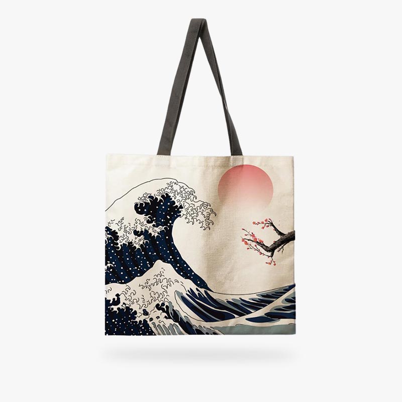 This The Great Wave Off Kanagawa Tote Bag a Japanese linen tote bag. The bag has the symbol of the great wave of kanagawa by the artist Hokusai.