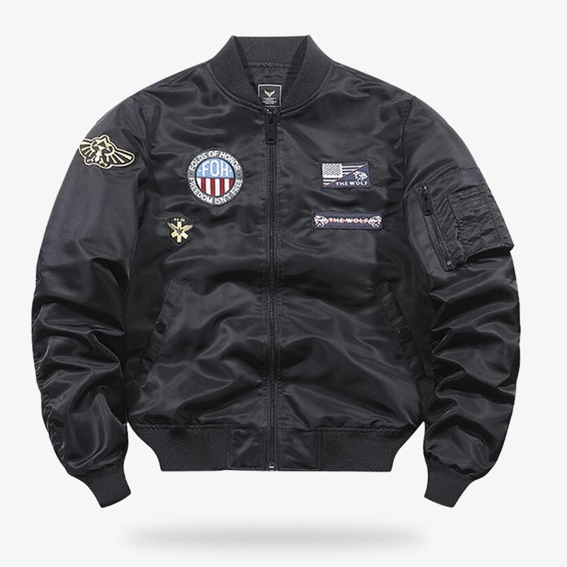 This Japanese tiger sukajan jacket is a black bomber with long sleeves. The military patches feature the USA logo.