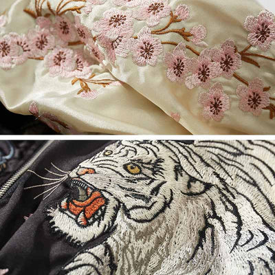 The tiger sukajan pattern is a bold and striking design, symbolizing strength and power in Japanese culture with japanese sakura flowers pattern embroidered