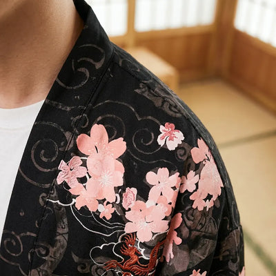 Close-up of the printed fabric and sleeve of a dragon kimono