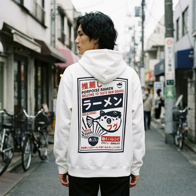Back view of the white hoodie displaying the large retro ramen menu poster print