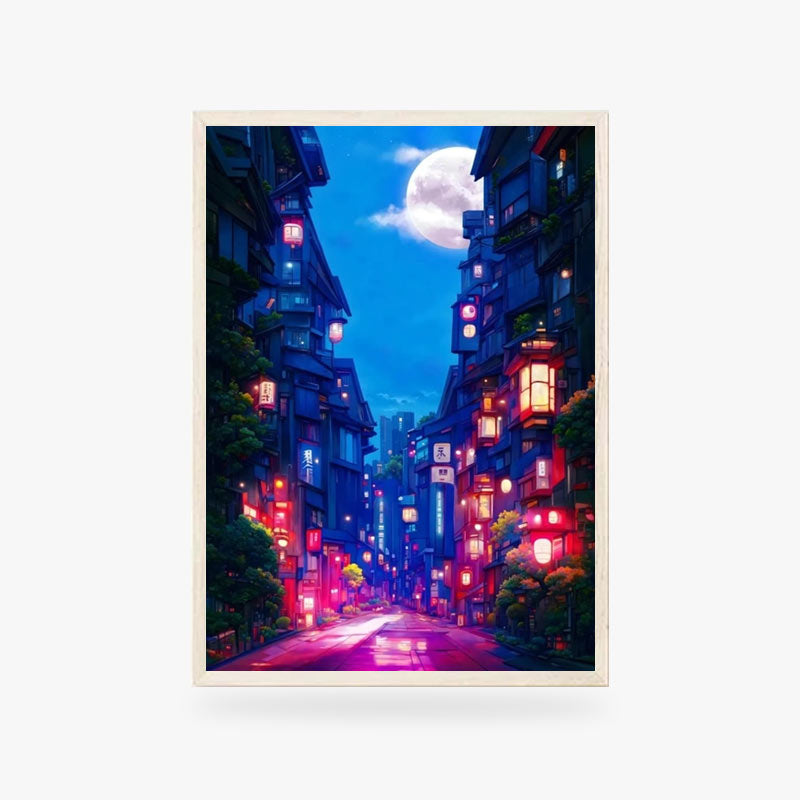 This tokyo painting is a drawing of the Japanese capital with blue colors in moonlight. The Japanese painting blends traditional Japanese design with chochin lanterns and buildings in a modern architectural style.