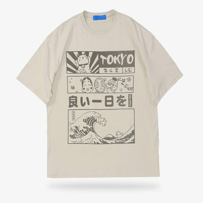 A beige cotton t-shirt from Tokyo. Screen-printed on the fabric with Japanese symbols such as the great wave of kanagawa, the maneki neko cat, kanji and No theatre masks.
