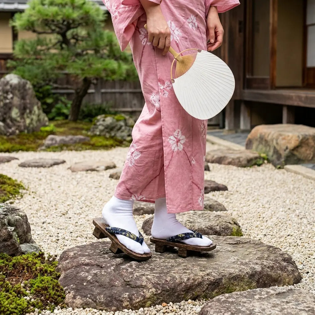 Tong Japan Geta worn with a pink kimono in a Japanese garden