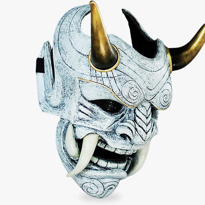 This white traditional demon mask is a handcrafted masterpiece, made from high-quality materials, uniquely painted and sculpted with horns and sharp teeth to embody Japanese mythology