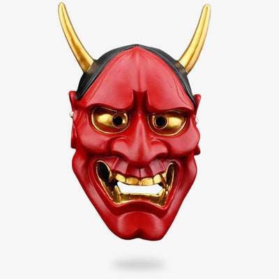 The traditional hannya mask is an Oni demon face with golden horns. The mask is red with teeth and fangs. This is the face of the Japanese demon Hannya. The mask is made of high-quality resins