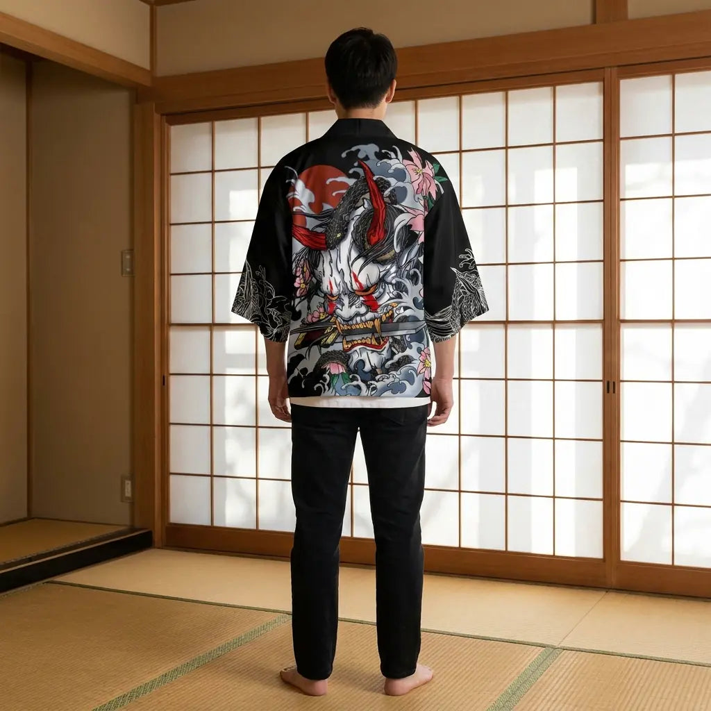 Back view of a japanese haori kimono in a washitsu room, showing the full back design