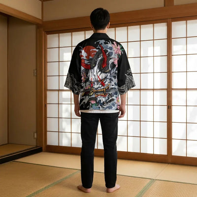 Back view of a japanese haori kimono in a washitsu room, showing the full back design