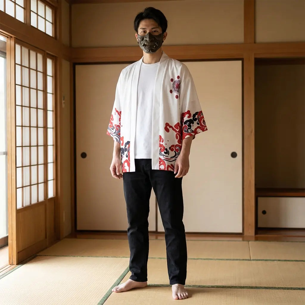Man wearing a red haori in a traditional Japanese washitsu room, front view