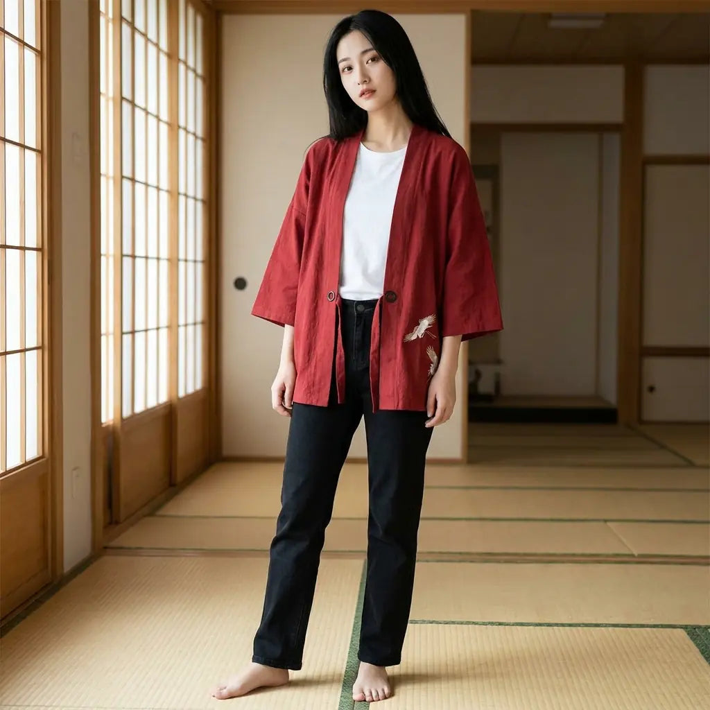 Woman wearing a traditional haori in a washitsu room with tatami and shoji screens