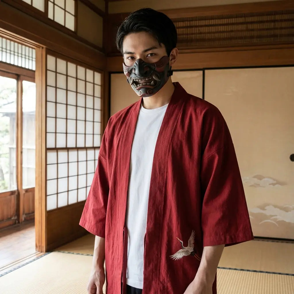 Man wearing a traditional haori in a Japanese washitsu room with shoji screens, waist-up front view
