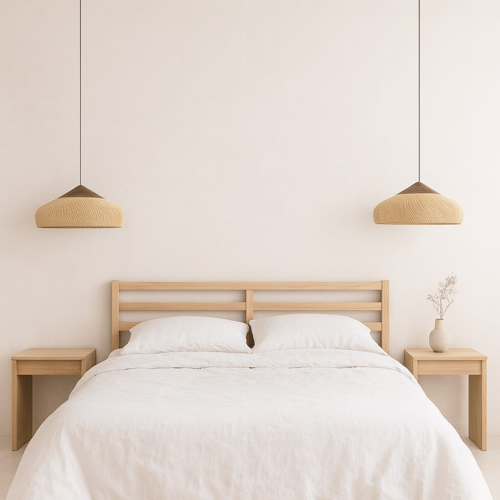 Minimalist bedroom with a bed, nightstands, and pendant traditional japanese ceiling lamp.