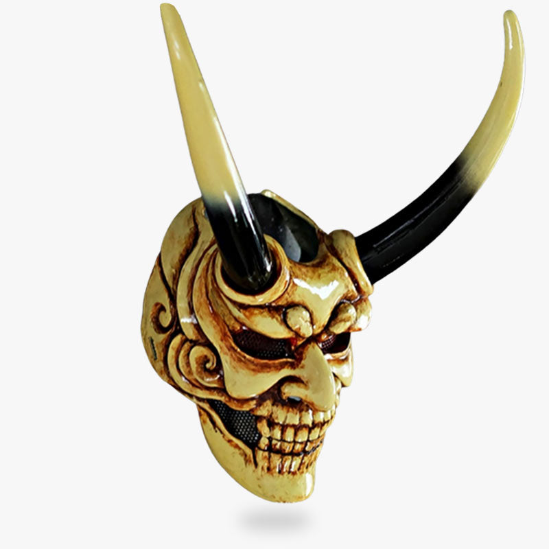 This traditional Japanese demon mask is an Oni demon from Shinto folklore. It has horns. Japanese mask is green, and made of high quality resin material