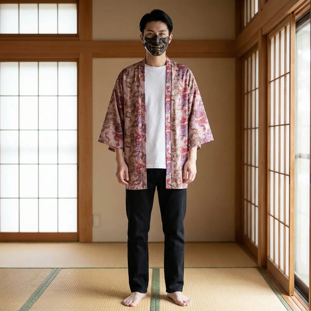 Man wearing a haori dragon in a traditional Japanese washitsu room, front view