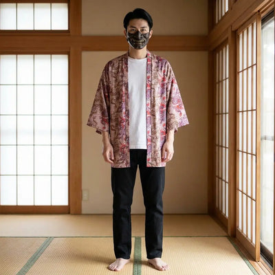 Man wearing a haori dragon in a traditional Japanese washitsu room, front view
