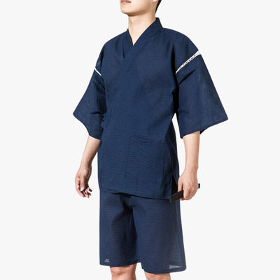 These Traditional Japanese Jinbei is a men's traditional pajamas with shorts and a yukata top.
