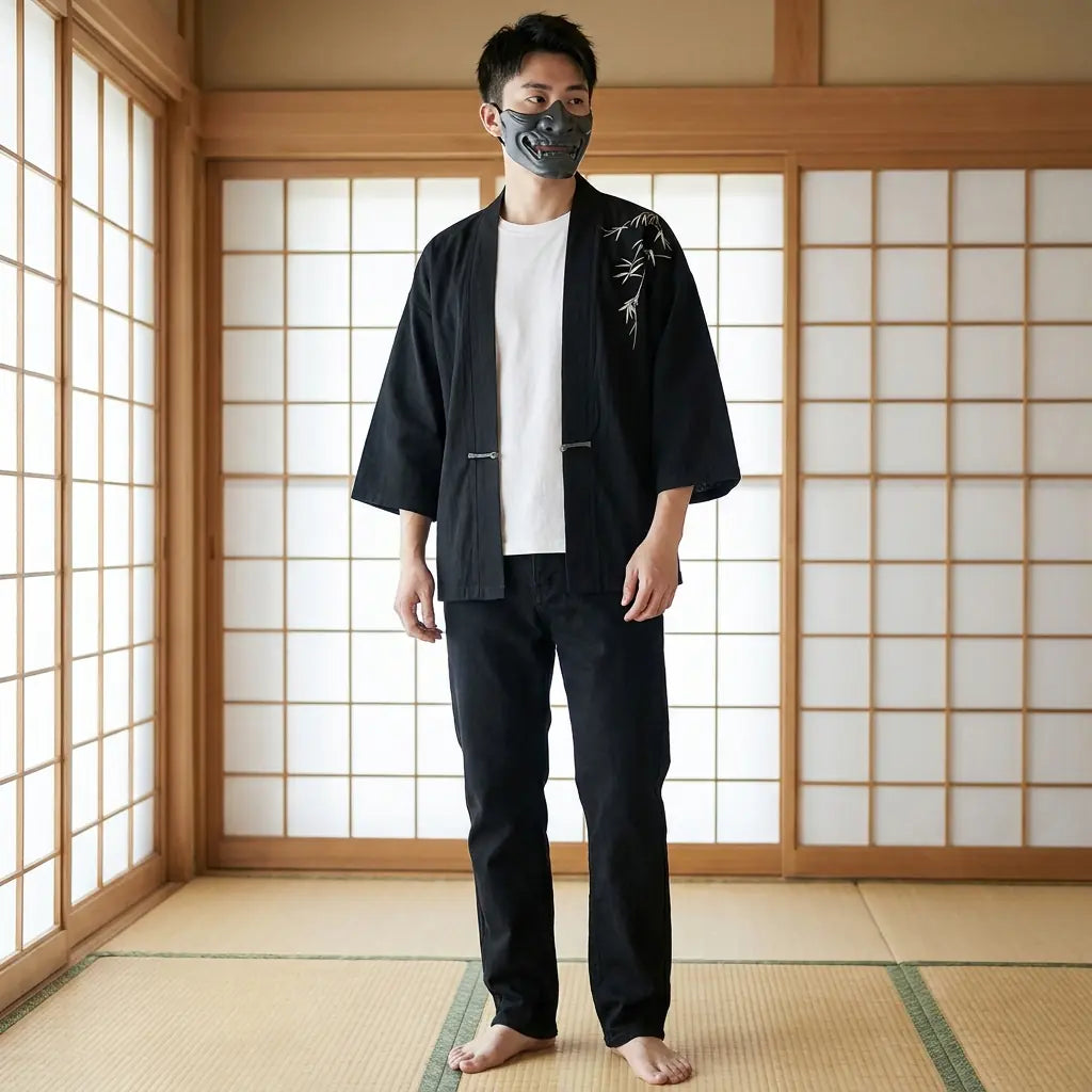 Man wearing a haori kimono in a traditional Japanese washitsu room, front view