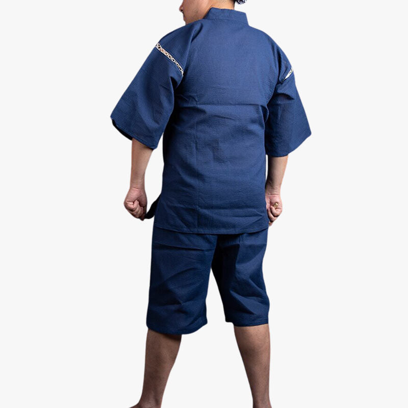 This traditional japanese kimono jinbei is a traditional Japanese pajamas with short shorts and a yukata kimono top. Blue color and material is cotton