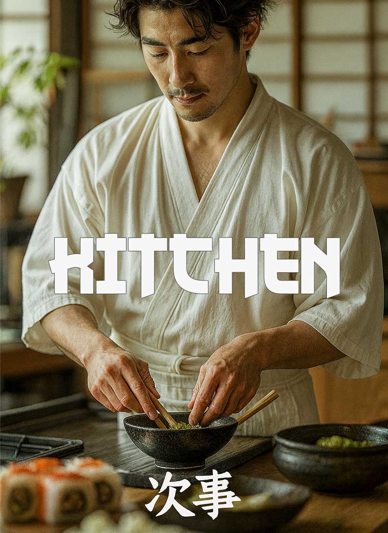 a sushi chief is cooking in a traditional japanese kitchen. Man is dress with white kimono. Kanji letter meaning kitchen in Japanese