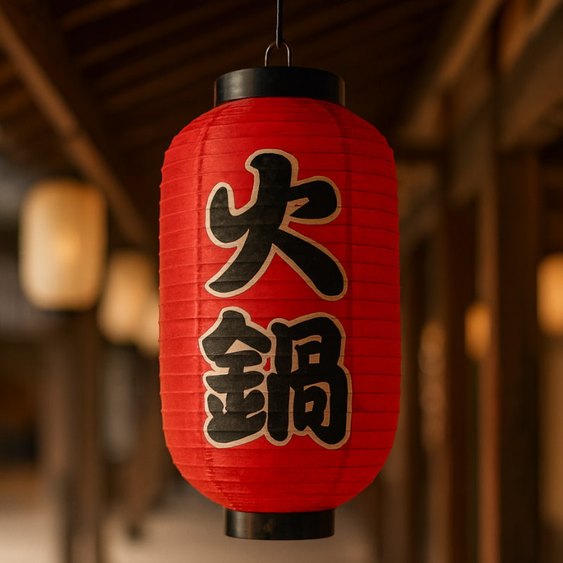 Red Traditional Japanese Lanterns with black Kanjin characters hanging indoors