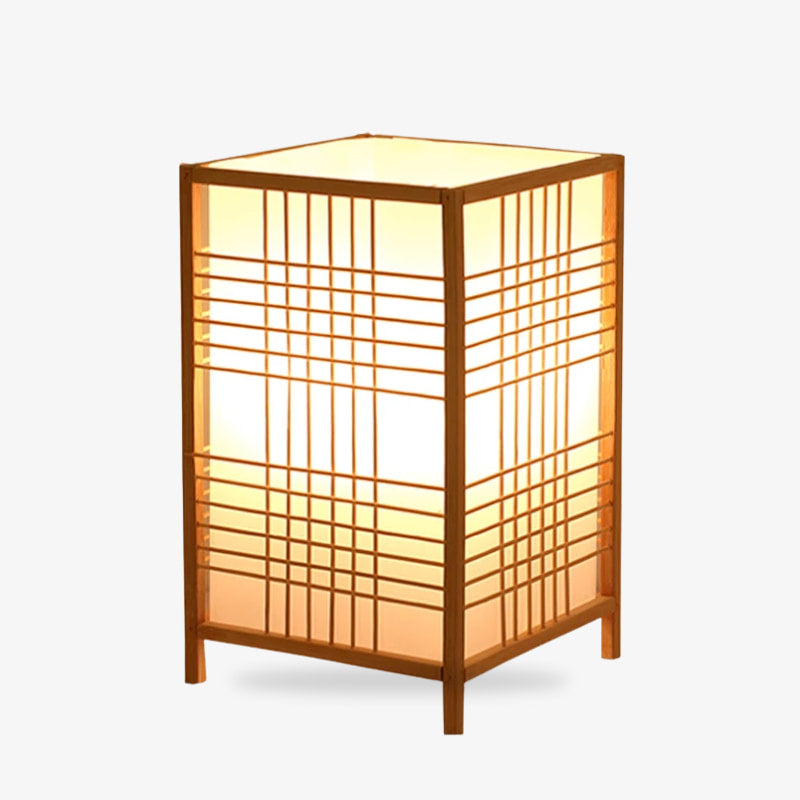 Square wooden traditional Japanese light lamp with grid shohi panel design on a white background