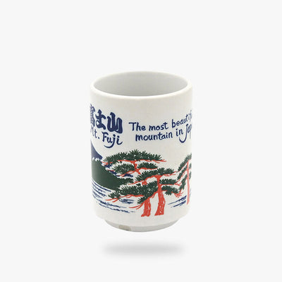 The traditional Japanese mug is adorned with a detailed Mount Fuji print, blending cultural heritage with artistic flair