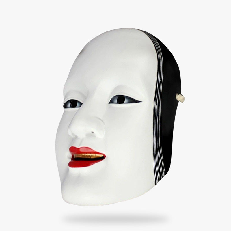 This Japanese no mask is white. It's a woman's face with lipstick. This traditional mask is popular in Japanese theater. Ceramic material