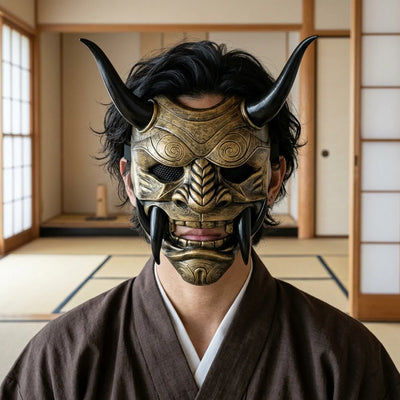Front view of the hand-painted bronze-gold Oni demon mask with curved black horns, spiral forehead carvings, and long fangs.