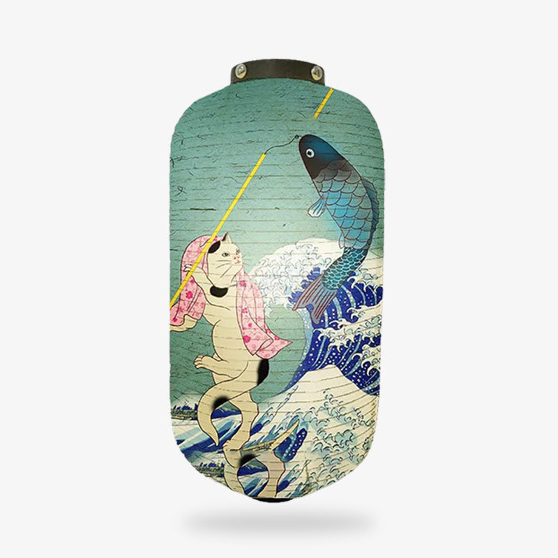 a traditional japanese paper lanterns for sale​ with a japanese cat and koi carp fish design with the famous japanese kanagawa wave on a white background