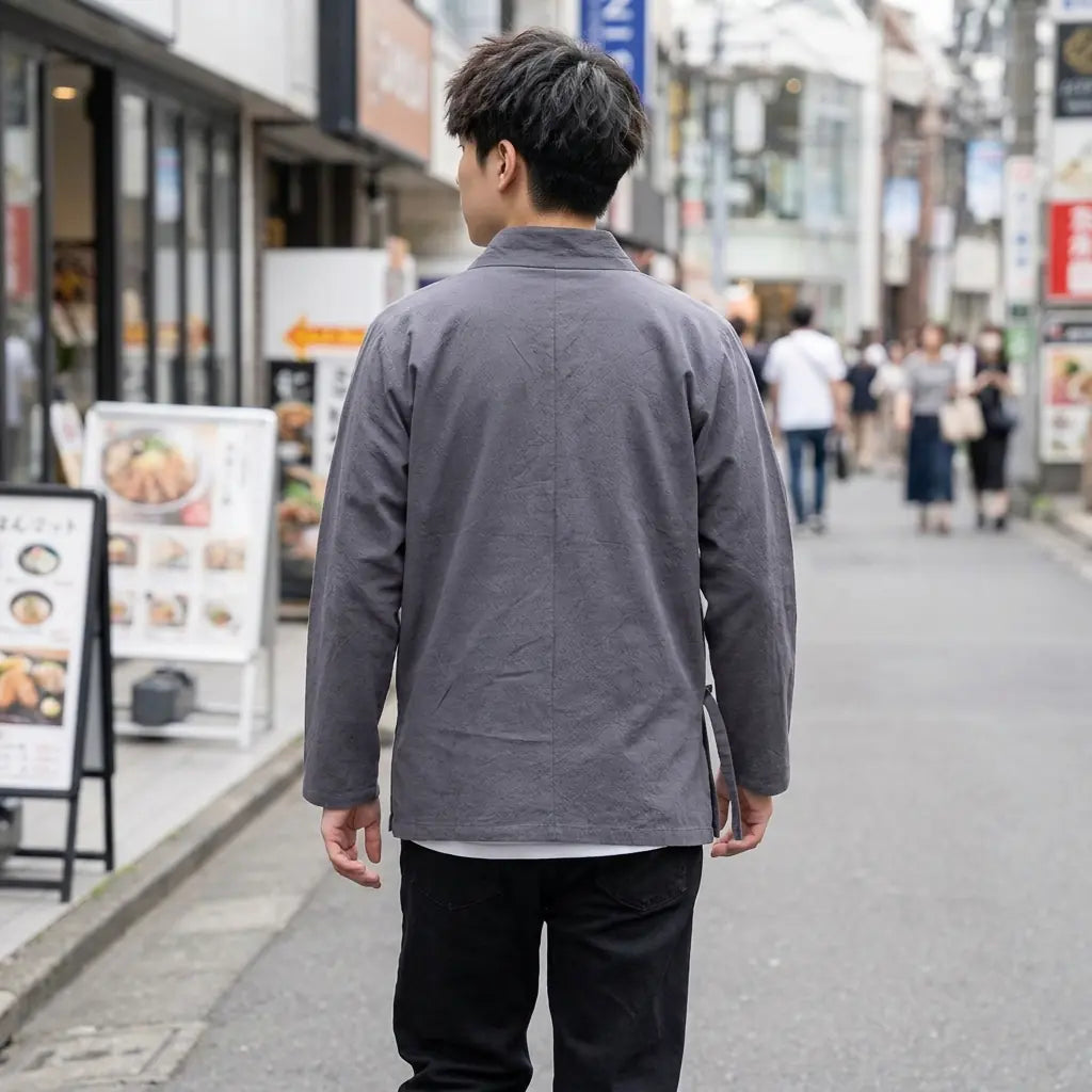 Back view of a traditional japanese samue worn in a Harajuku street, showing the full print