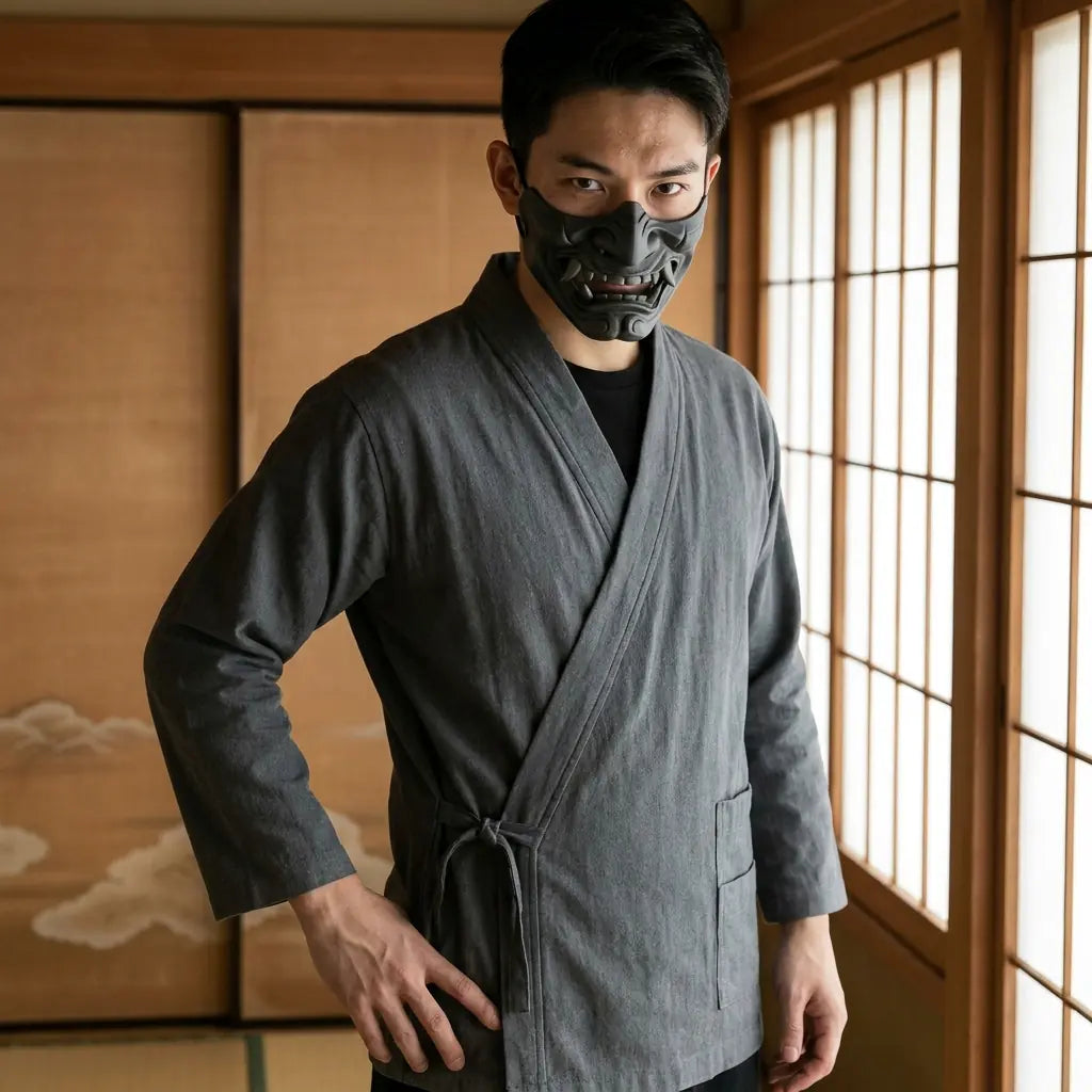 Man wearing a traditional japanese samue in a Japanese washitsu room with shoji screens, waist-up front view