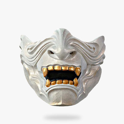This traditional japanese samurai mask is an Oni demon face. It is the mask of the Japanese warrior. The mempo is made from monster fangs and teeth.