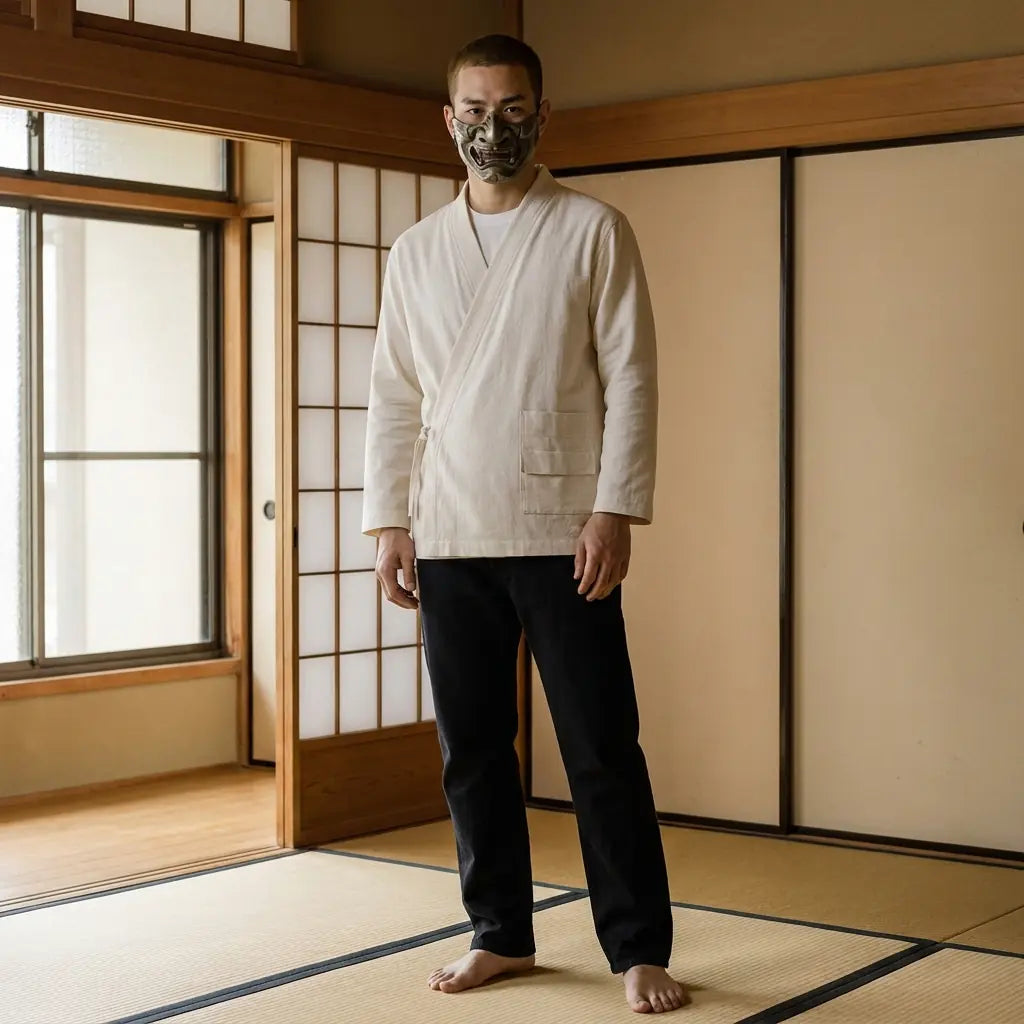 Man wearing a japanese samue shirt in a traditional Japanese washitsu room, front view