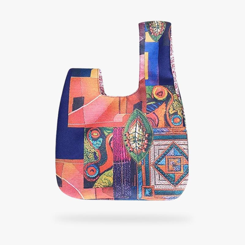 This accessory is a traditional kimono bag. The Japanese handbag is a functional knotted bag with brightly colored prints. The bag's fabric is cotton.