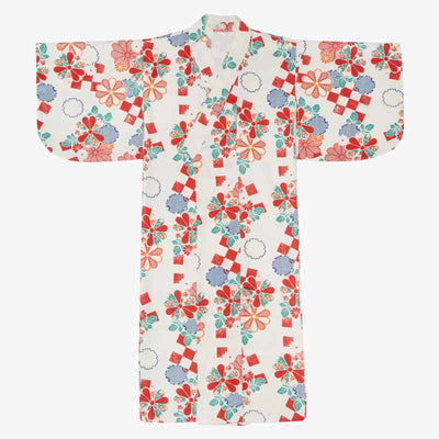 Traditional kimono dress pattern featuring white fabric with sakura and fukiwa (snowflake) flower motifs