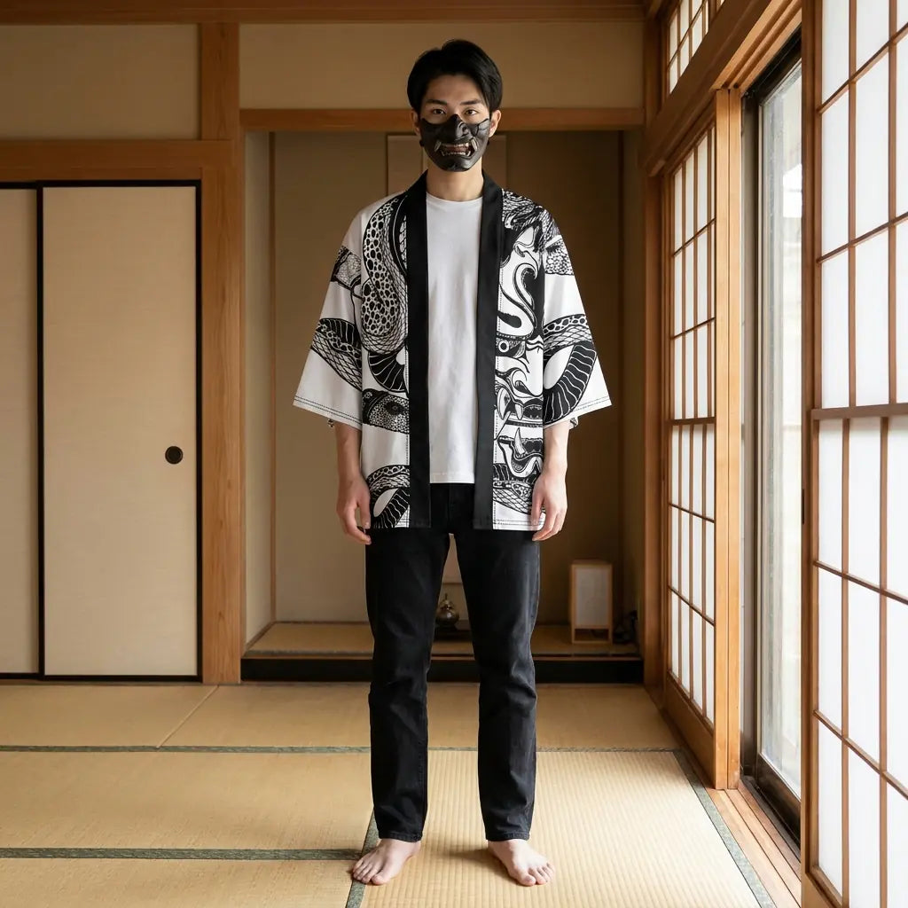 Man wearing a hannya kimono in a traditional Japanese washitsu room, front view