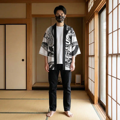 Man wearing a hannya kimono in a traditional Japanese washitsu room, front view