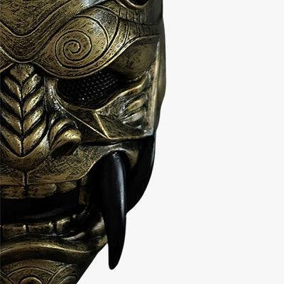 Explore the gold colored traditional Oni mask for sale, each piece handcrafted from quality materials, uniquely painted and sculpted with horns and sharp black teeth to reflect Japanese myths