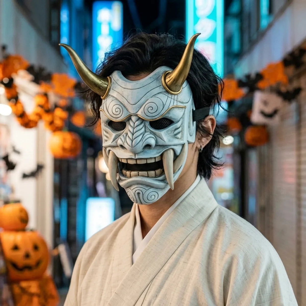 Traditional oni mask: white horned demon mask with gold horns worn with a white kimono at night for Halloween, blue Tokyo neon behind