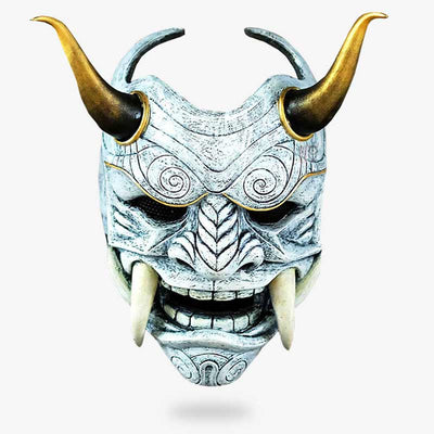 This Traditional Oni mask is inspired by Japanese demons with its horns and fangs. Japanese mask handmade with Wood, fiberglass and white color painting