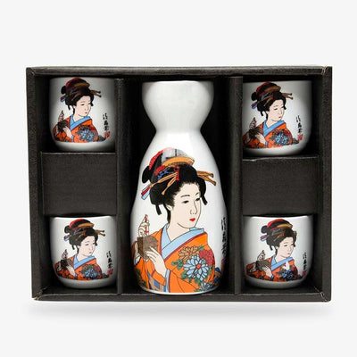 Traditional sake serving set, including sake cups and a bottle for a complete Japanese sake experience. Design for the japanese sake set is white with a geisha drawing in Ukiyo-e style