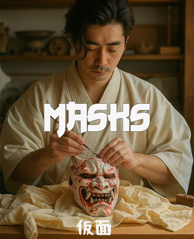A Japanese man is crafting traditional samurai mask in his workshop. He is dressed with a white kimono. Embrace the spirit of the warrior with a wooden japanese mask, intricately designed to reflect the strength and honor of ancient Japanese samurai